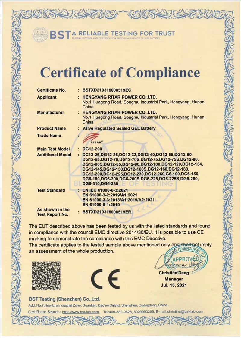 Certificate of Conformity for DG12V Series